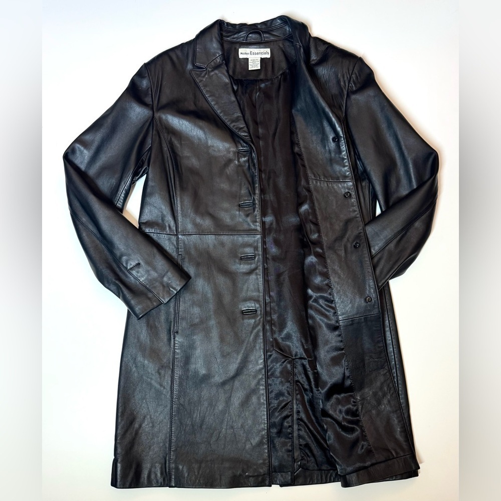 Modern Essentials Women’s Black Leather Button Front Mid Length Coat Size- M